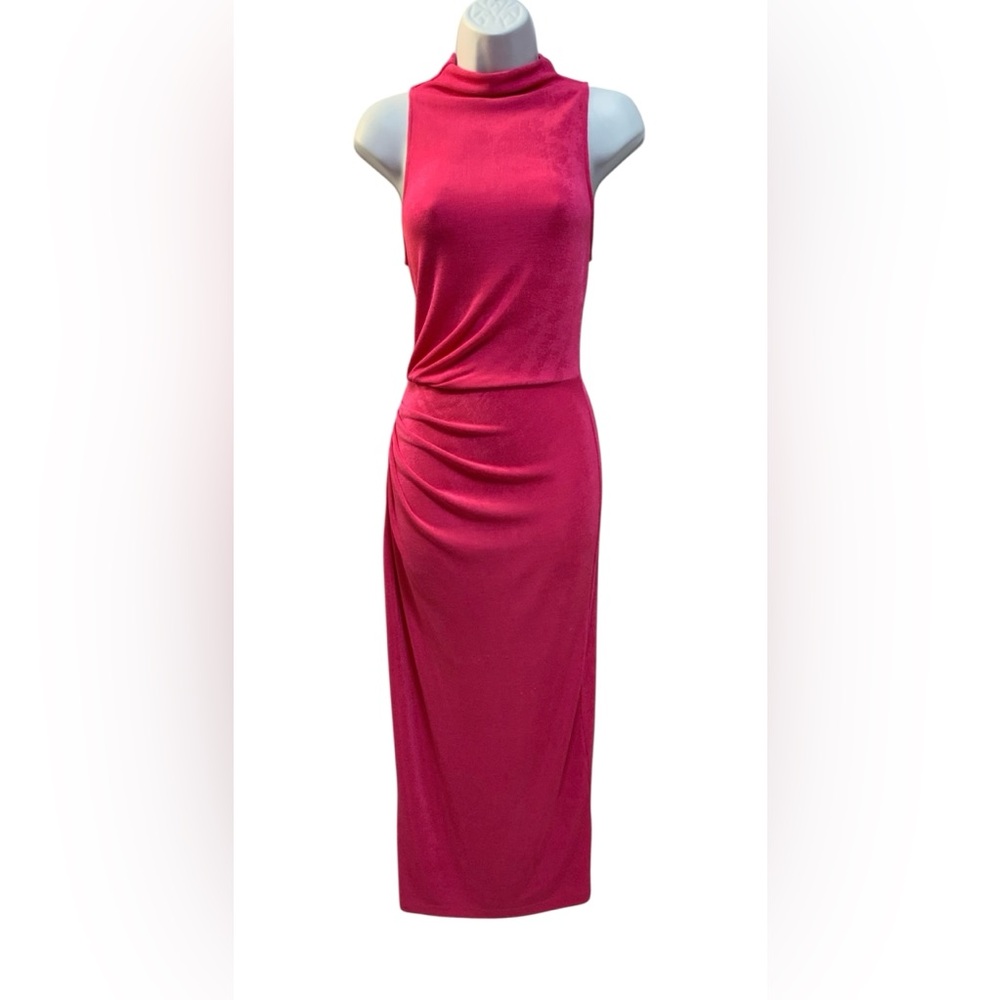 Akira Ariana Hot Pink Ruched Midi Dress